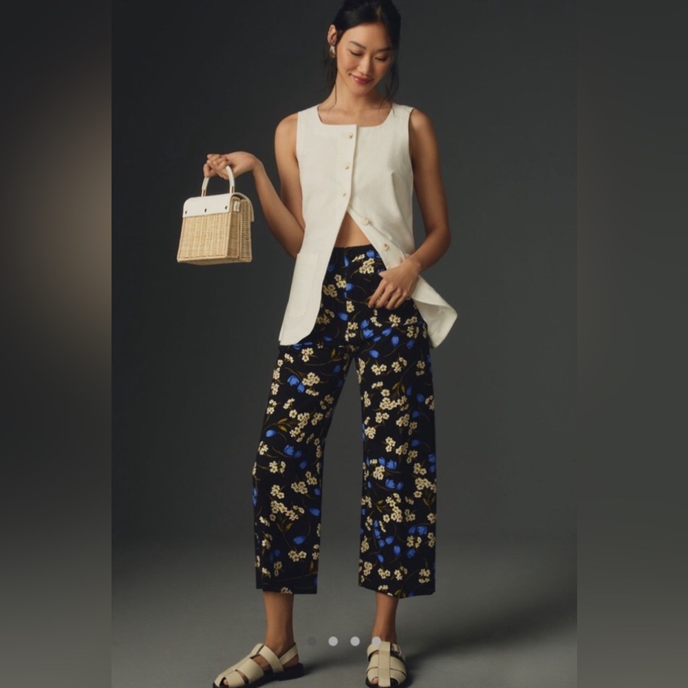 Anthropologie Maeve Colette Crop Wide Leg Ponte Pants Black Blue Floral 26 NWOT